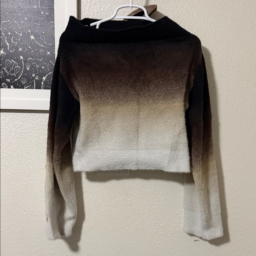 Ombre Cowl Neck Cropped Sweater in Brown and Cream